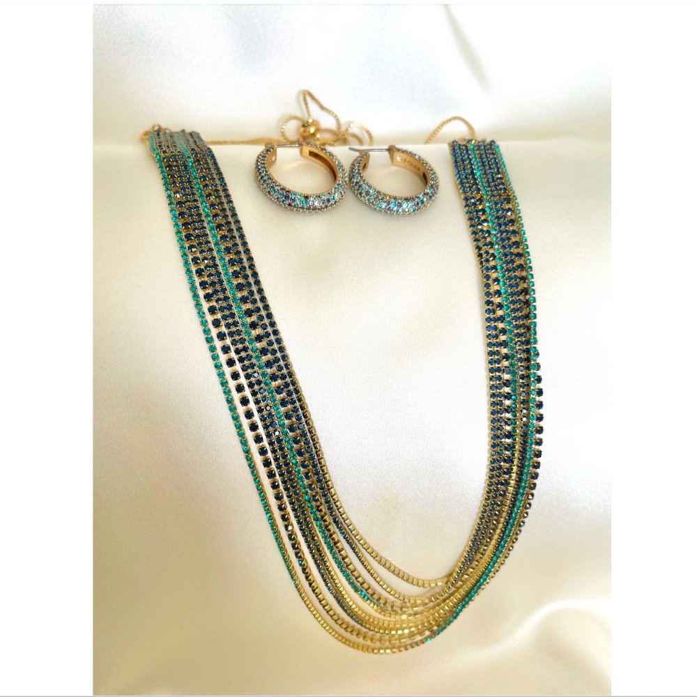 J. Crew Blue & Green Cubic Zirconia on Brass Casting Set of Hoops and Necklace